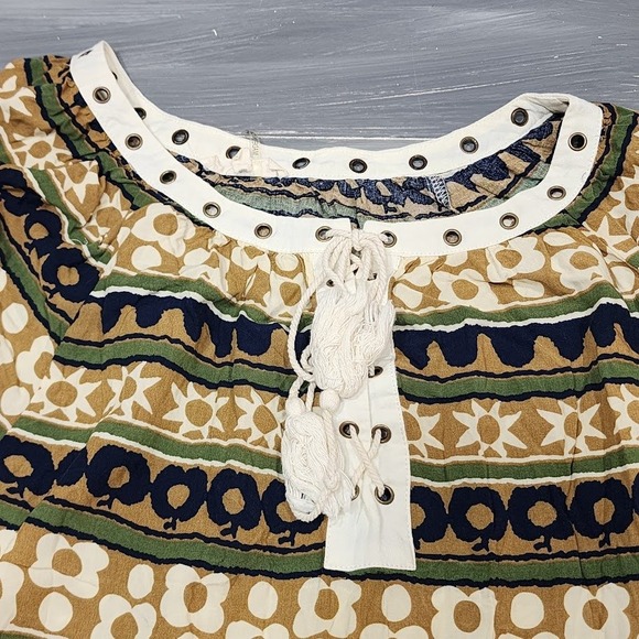 Entro Boho Peasant Top Blouse Small Tan Cream Blue Long Sleeve Peplum Trim - Picture 8 of 9